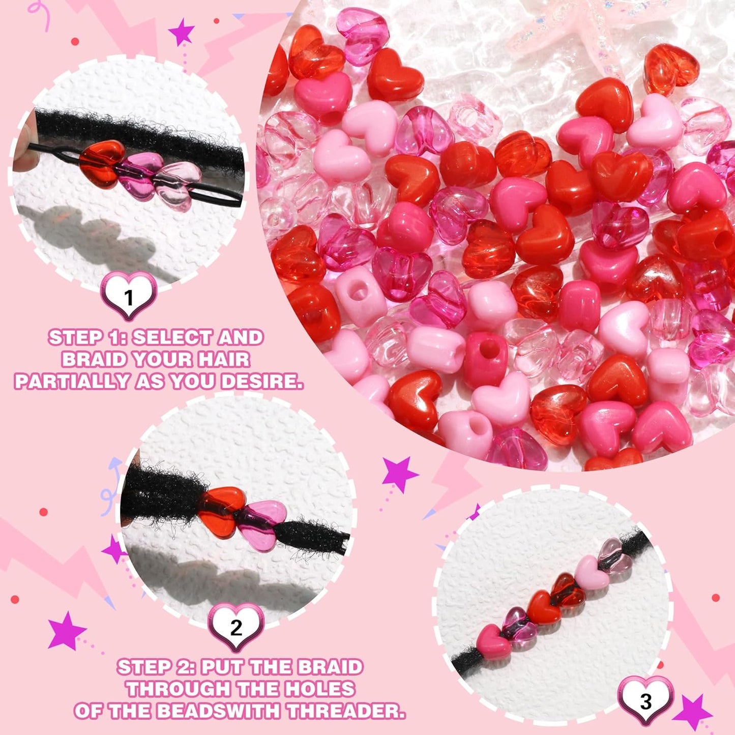 90PCS Heart Hair Beads for Braids Blue Pink Loc Dreadlock Valentine's Day Bead Accessories Purple Cute Acrylic Heart Shape Beads for Kids Girls