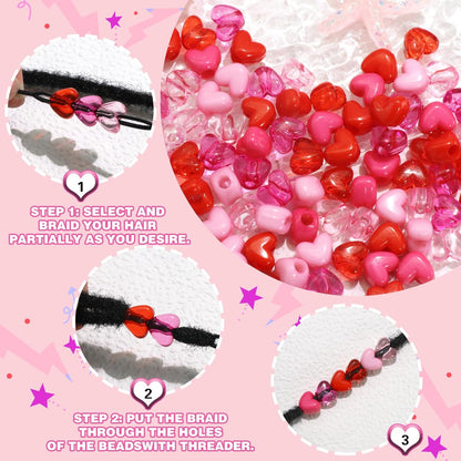 90PCS Heart Hair Beads for Braids Blue Pink Loc Dreadlock Valentine's Day Bead Accessories Purple Cute Acrylic Heart Shape Beads for Kids Girls