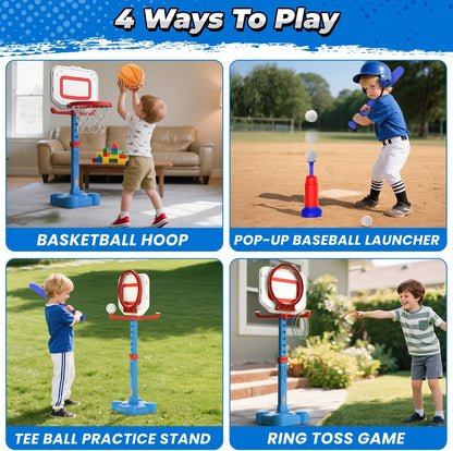 EagleStone 4-in-1 Toddler Basketball Hoop and T Ball Set, Adjustable Height Basketball Hoop,Tee Ball & Ring Toss Toy, Outdoor Indoor Sports Gift for Boys Girls Toddlers Ages 3-8