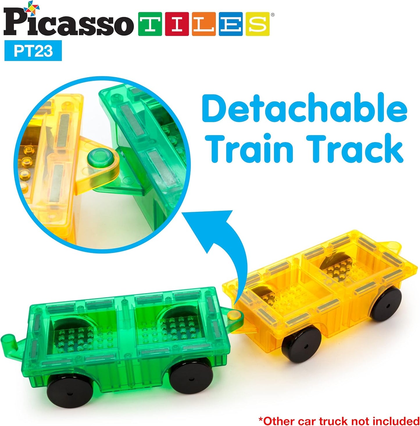 PicassoTiles 2 Piece Car Truck Construction Kit Toy Set Vehicle for Magnetic Blocks Building Tile Sensory Magnet Toys with Re-Enforced Hitch & Long Bed Educational Puzzle Girls Boys Toddlers Ages 3+