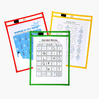 Dry Erase Pockets - 10 x 13 Reusable Dry Erase Pocket Sleeves for Work & School Worksheets - Heavy Duty Clear Pocket Sleeves - Quickly Wipe to a Flawless Clean (50 Pack Multicolor)