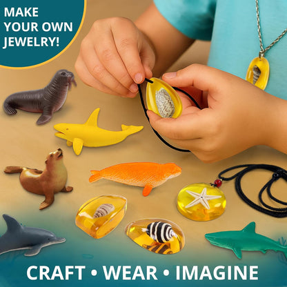 PIBEX Under-The-Sea Dig Kit – Dig & Discover 18 Real Shell Fossils, Amber Jewelry & Sea Animal Creatures – Ocean Necklace Making & STEM Excavation Activity Toy for Kids Ages 6+