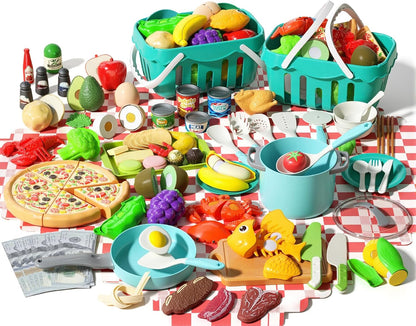 150Pcs Kitchen Playset, Toddlers Pretend Cooking Cookware Accessories, Food, Picnic Blanket, Fruits, Veges, 2Pack Shopping Storage Basket, Dessert and Prop Money, Gift for Kids (Pink)