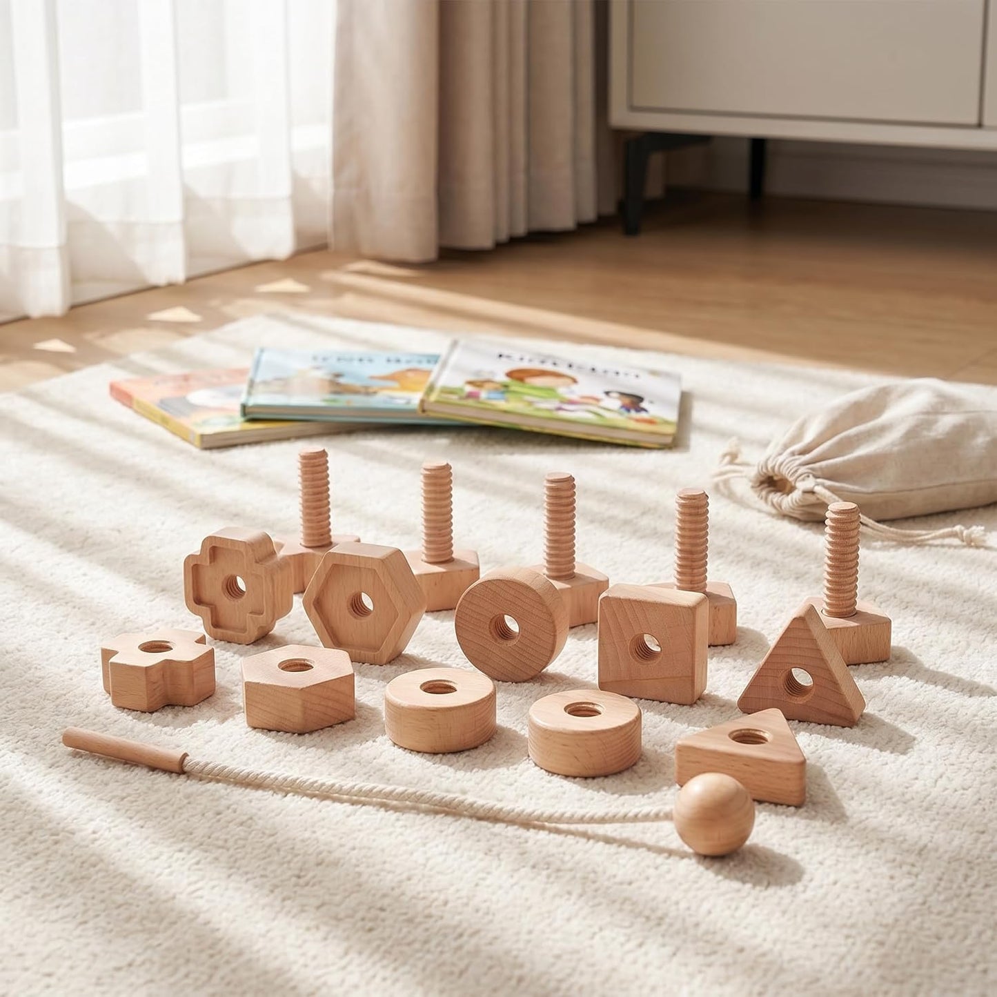 Wooden Screw and Nut Playset for Kids, Montessori Shape Sorting Toy, Lacing Beads for Kids, Preschoolers Activities, Building Construction Screw Matching Toys for Boys Girls Ages 3,4,5
