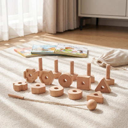 Wooden Screw and Nut Playset for Kids, Montessori Shape Sorting Toy, Lacing Beads for Kids, Preschoolers Activities, Building Construction Screw Matching Toys for Boys Girls Ages 3,4,5