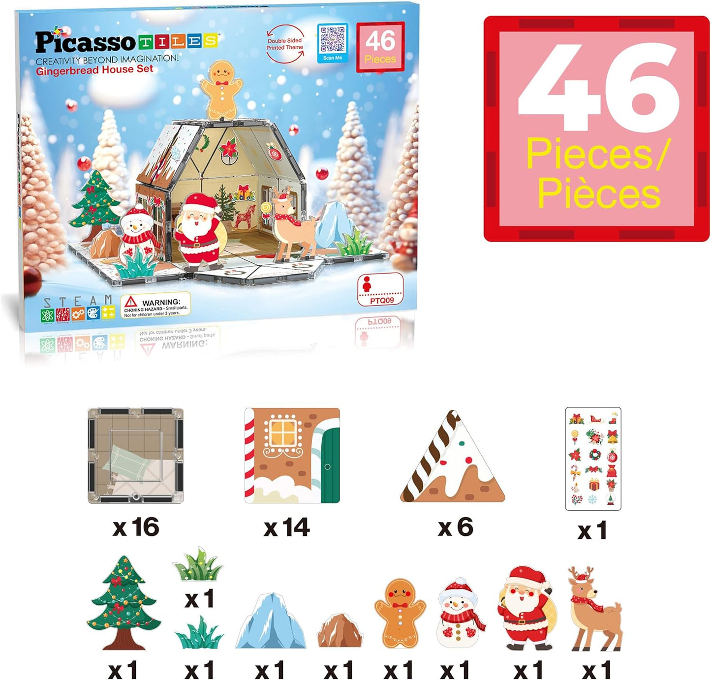 PicassoTiles Magnetic Tile Christmas Holidays Cottage Building Set with Santa Elves Nutcracker 6 Character Figures STEM Educational Construction Toy Winter Magnet Block Gift for Kids Age 3 Plus PTQ08
