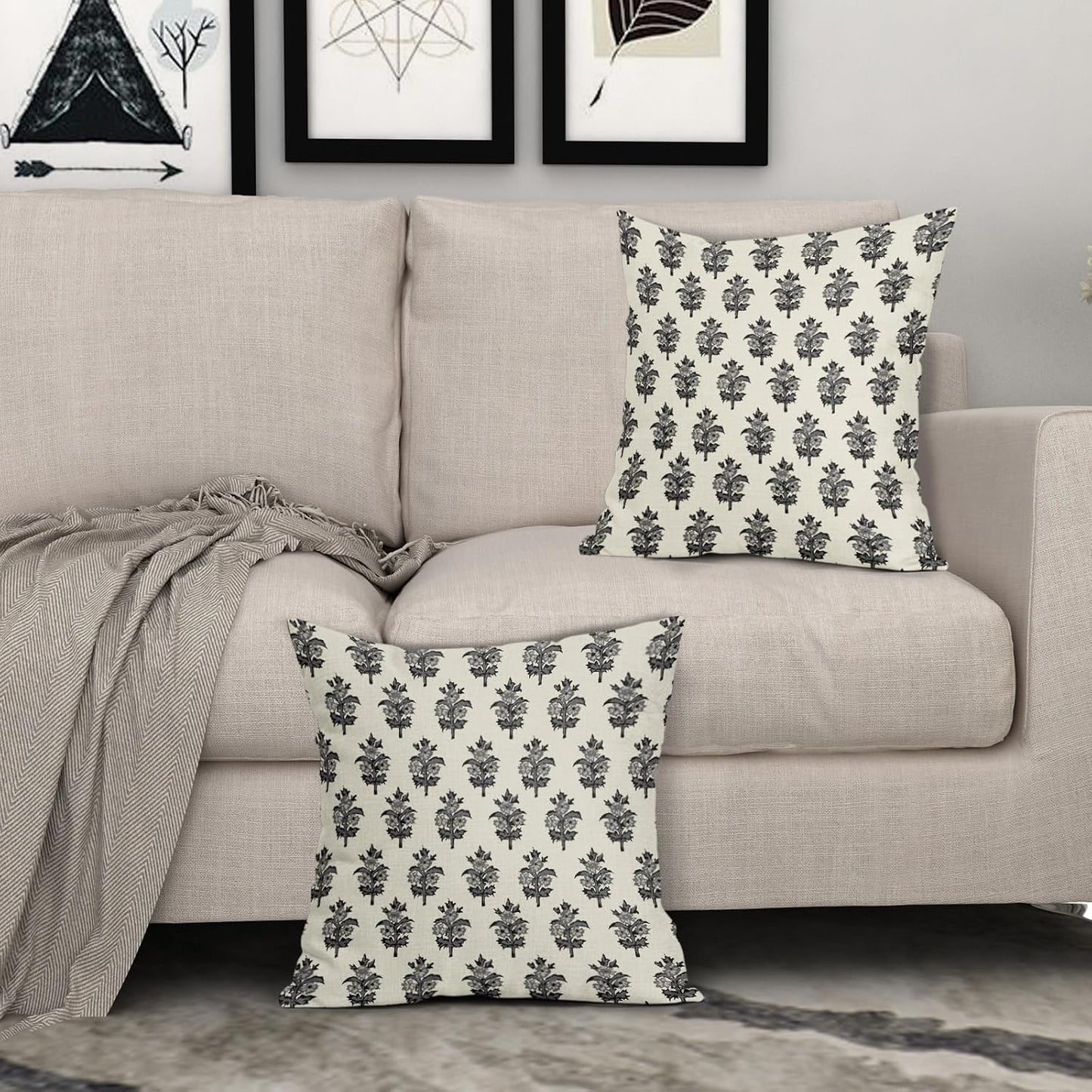 Sage Green Blue Floral Block Print Pillow Covers 18x18 Set of 2 Spring Flower Pattern Decorative Throw Pillowcases Outdoor Rustic Farmhouse Square Cushion Cases Decor for Home Couch Sofa Bed