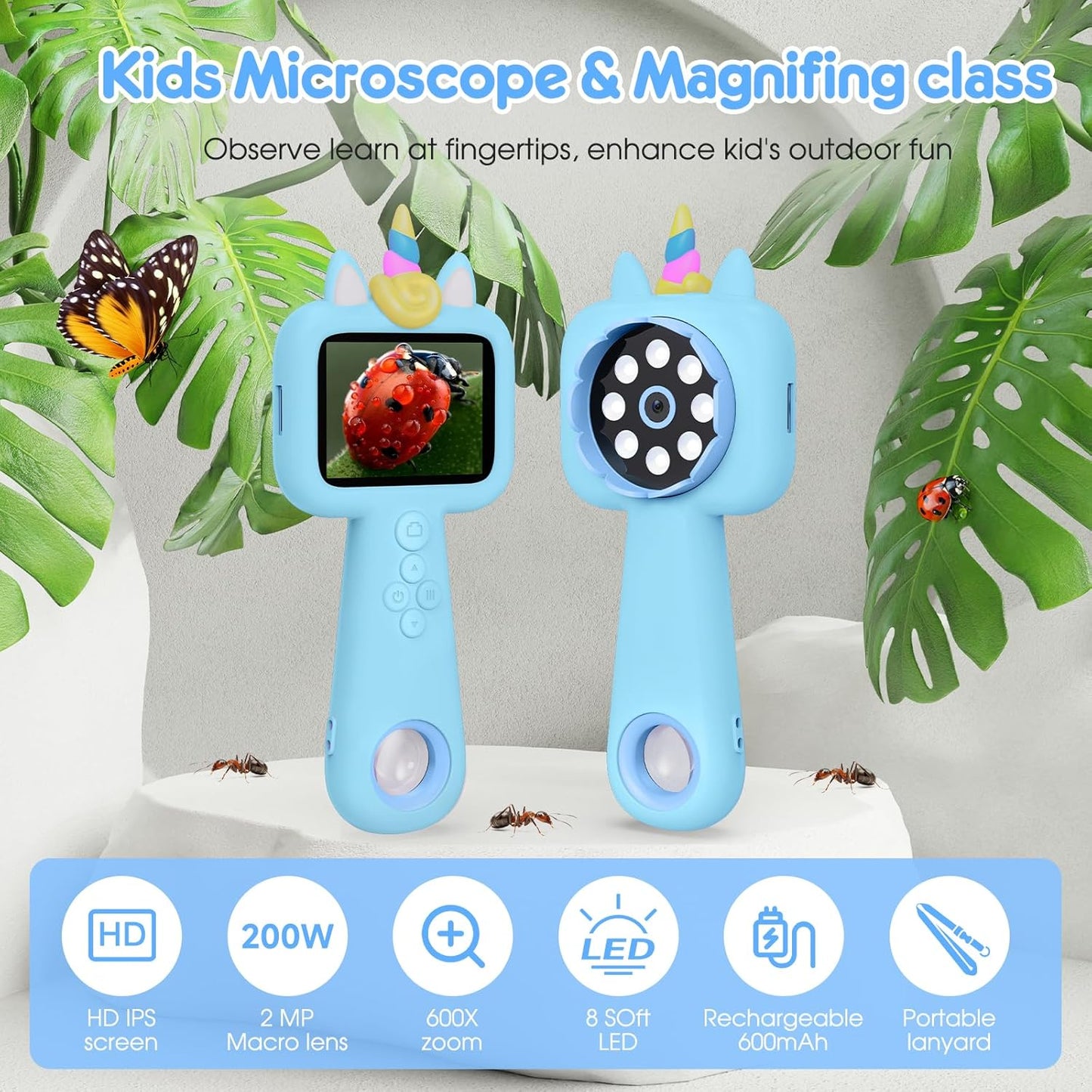 Magnify 2.4" Microscope for Kids, 600X-4800X Handheld Digital Miniscope, Portable Pocket Magnification Microscope Photo & Video | Education Toys for Age 3 4 5 6 7 8 9 10 Girls Boys