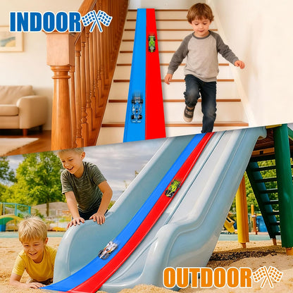 Flexible Race Track Toys for Kids, 15 Ft Double Lane Racetrack with 4 Cars & Suction Cups, Compatible with Hot Wheels & 1/64 Diecast Cars, Portable Roll Up Car Ramp Track Set for Ages 3+(Yellow&Blue)