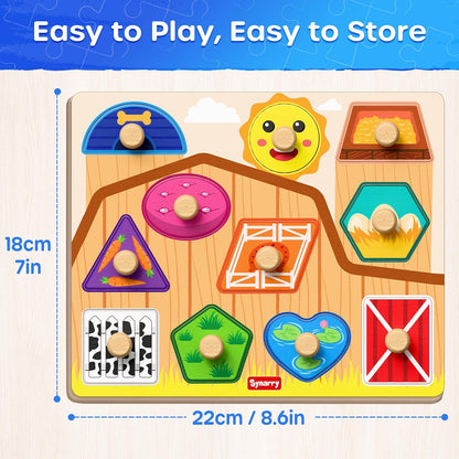 SYNARRY Farm Animals Toddler Puzzles, Wooden Puzzles for Toddlers 1-3, Jumbo Knob Peg Chunky Puzzle, Baby Puzzles 12-18 Months for Shape Recognition Fine Motor Skills, Barn Farm Toys for Toddlers 1-3