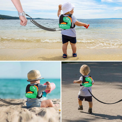 3 in 1 Toddler Harness Leash + Baby Anti Lost Wrist Link, Accmor Cute Dinosaur Child Safety Harness Tether, Kids Walking Wristband Assistant Strap Belt for Parent Boys Outdoor Activity (Black)