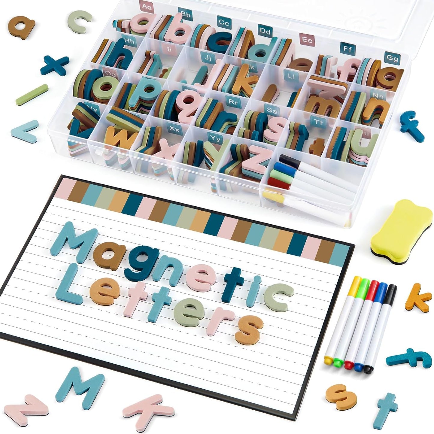 MotiMind 246 Pcs Soft Foam Magnetic Alphabet Letters Kit EVA Alphabet Learning Toys with Whiteboard and Pens Fridge Magnets for Preschool Kids Toddler Spelling and Learning (Boho Color)