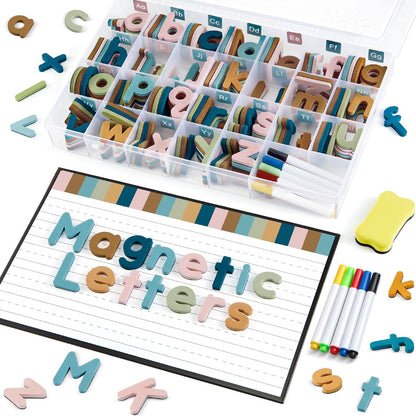 MotiMind 246 Pcs Soft Foam Magnetic Alphabet Letters Kit EVA Alphabet Learning Toys with Whiteboard and Pens Fridge Magnets for Preschool Kids Toddler Spelling and Learning (Boho Color)