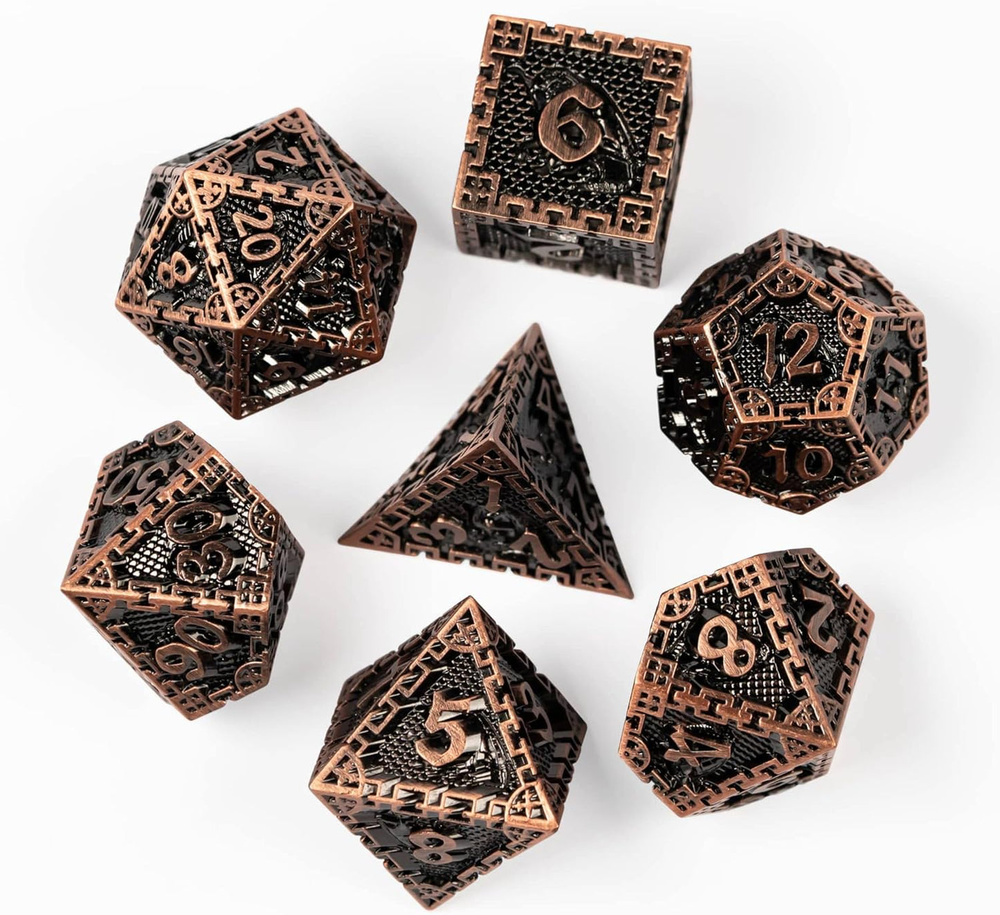 UDIXI Steampunk Metal Dice Set, 7 Die Polyhedral DND Dice Set for D&D Role Playing Game and Math Teaching (Ancient Copper)