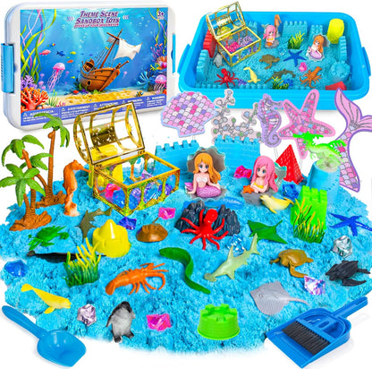 Sensory Bin, 48Pcs Unicorn Sandbox with Lid Play Sand Art Kits for Girls Toddlers Sensory Toys with Magic Sand, Unicorns, Mermaid, Cleaning Tools, Birthday Gifts for Kids Age 3 4 5 6 7 8