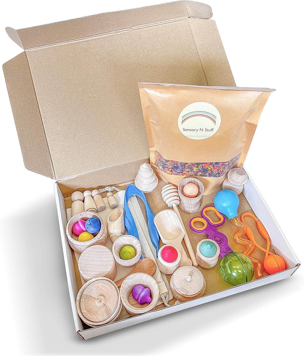 Rainbow Rice and Sensory Bin Tools (10 Pieces), Wooden Sensory Bin Tools and Scoops with Chemical-Free and Food-Safe Rice, Table Tools for Fine Motor Skills
