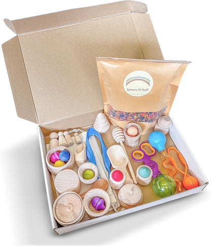Rainbow Rice and Sensory Bin Tools (10 Pieces), Wooden Sensory Bin Tools and Scoops with Chemical-Free and Food-Safe Rice, Table Tools for Fine Motor Skills