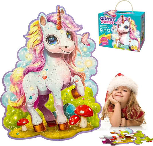 Unicorn Puzzle for Kids Ages 4-6,45 Pcs Jumbo Jigsaw Large Unicorn Floor Puzzles for Kids Ages 3-5,Glittery Floor Puzzle Ages 2-4,Birthday Gift Toys Floor Puzzles for 4-8 Years Old
