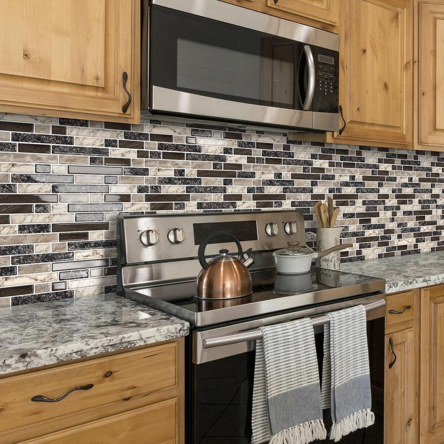 Thick Peel and Stick Backsplash Tile 12"x12" 3D Self Adhesive Marble Tiles for Kitchen and Bathroom Wall (10-Sheet,Brown)