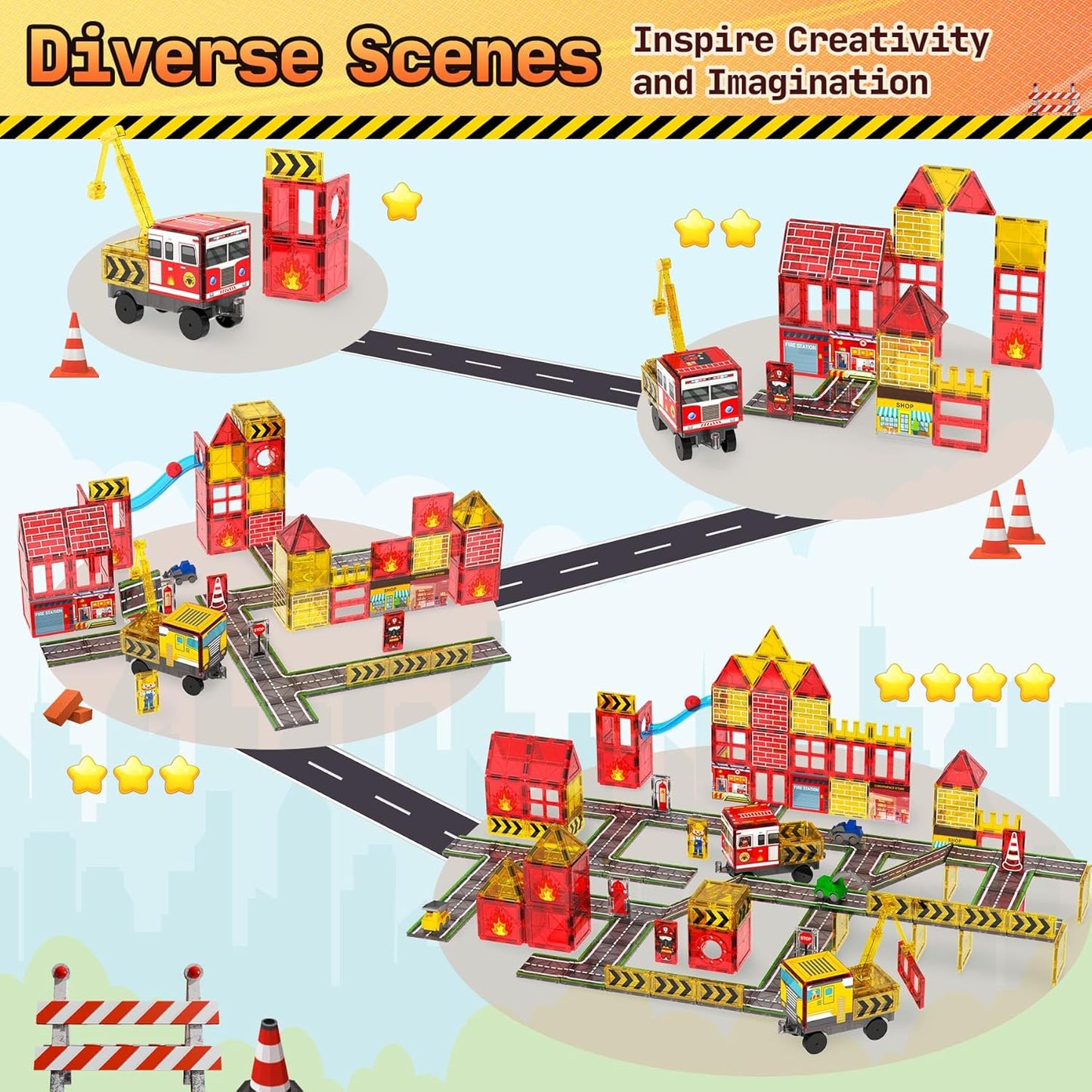 Magnetic Tiles for Kids Ages 4-8, Magnetic Blocks with Construction, Fire Fighting, Road, Engineering, Crane and Truck Themes, Magnet Toys Classroom Travel STEM Birthday Gifts for Boys