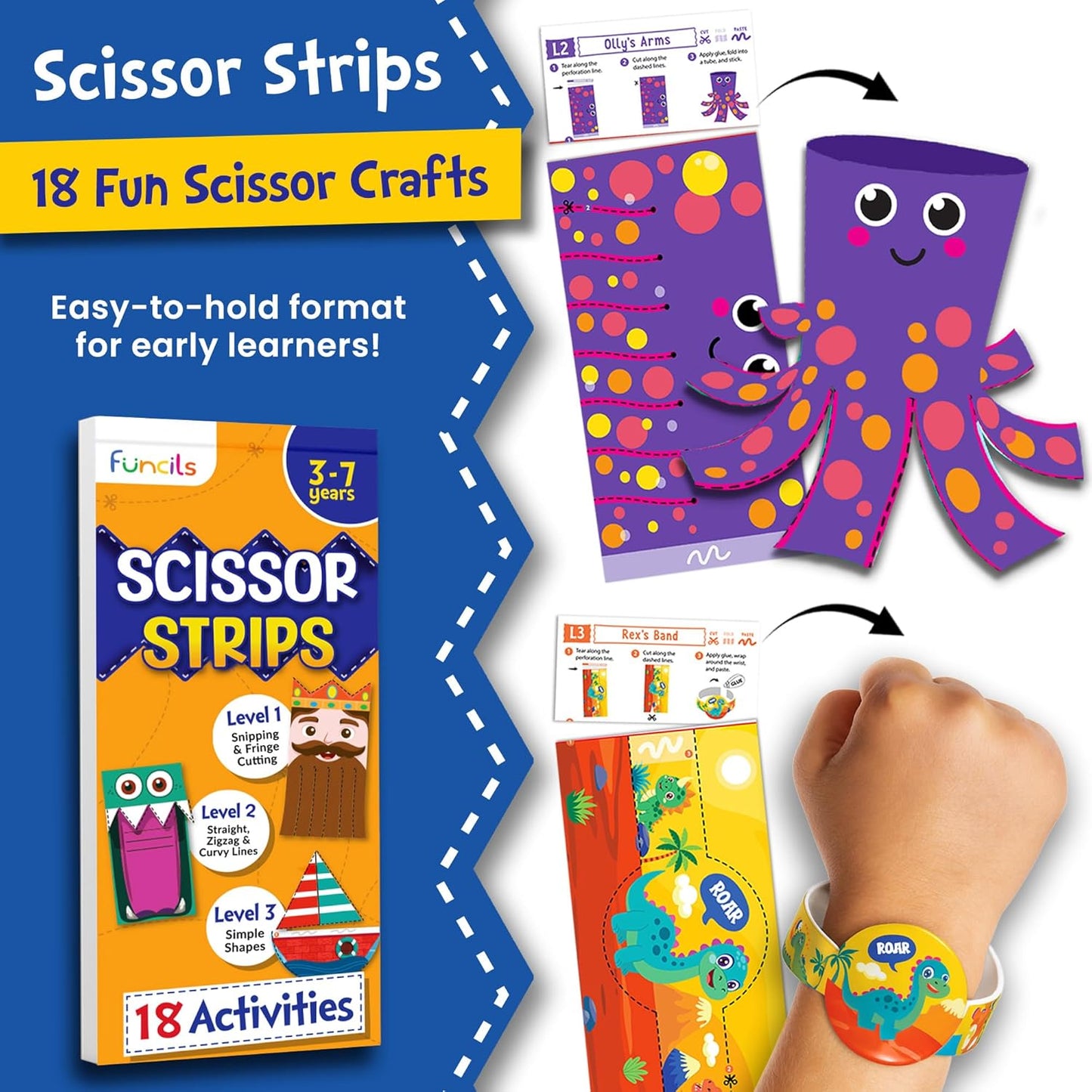 Funcils Toddler Scissor Skills - Art Supplies & Crafts Kit for Kids, Safety Scissors, Fine Motor Toys, Montessori Gifts for Boys & Girls Ages 3, 4, 5, 6, 7 Year Old, Preschool Learning Activity Books