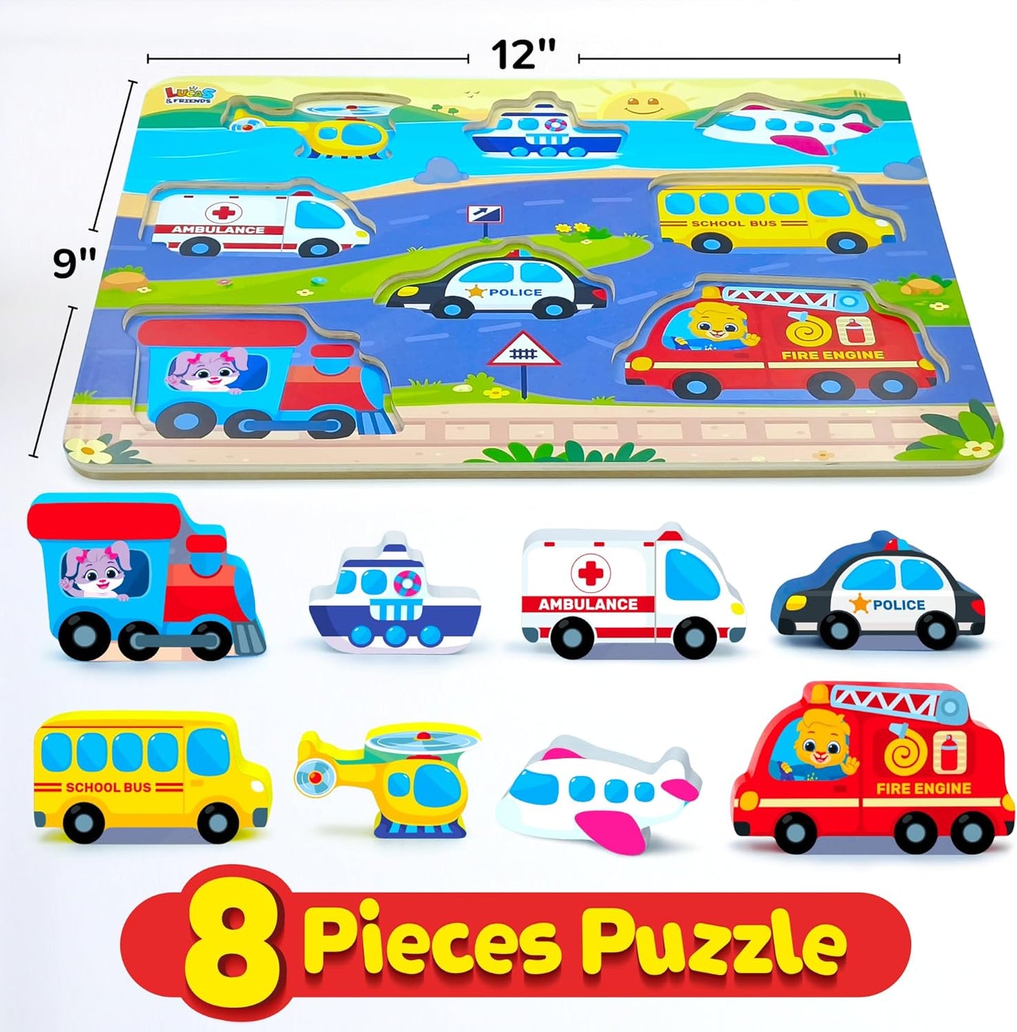 Jumbo Wooden Puzzles, Vehicle Puzzles Toys for Toddlers 2-4, Learning Educational Toys for Toddler 2 3 4 Years Old Boys & Girls As Gifts, Montessori Puzzle Board for Baby and Kids By Lucas & Friends