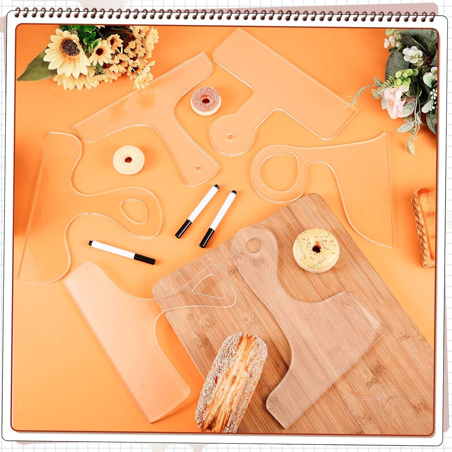 Frienda 6 Pcs Charcuterie Board Template Acrylic Router Template Cutting Board for Woodworking Thick Handle with 3 Pens Angled Curvy Stencils Guide Tools for Kitchen(Classic)