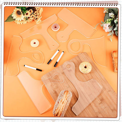 Frienda 6 Pcs Charcuterie Board Template Acrylic Router Template Cutting Board for Woodworking Thick Handle with 3 Pens Angled Curvy Stencils Guide Tools for Kitchen(Classic)