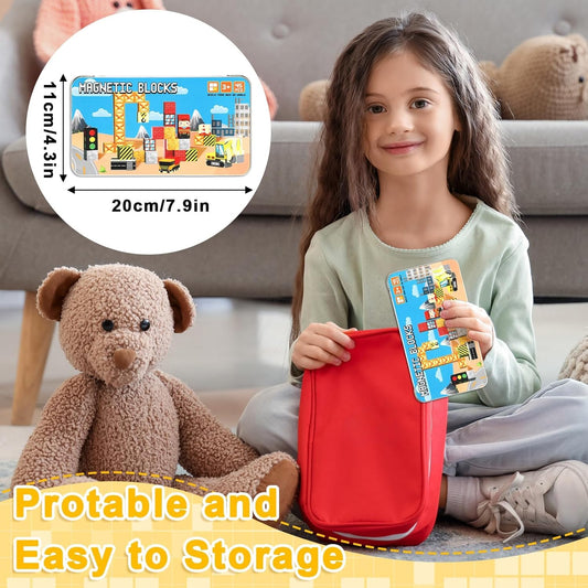 QOUBAI 45PCS Mini Magnetic Blocks Travel Toys, Magnet Building Cubes Tiles Set with Portable Iron Case, Learning Activities Gifts for Kids Toddlers Boys & Girls Ages 3-8 (Construction)