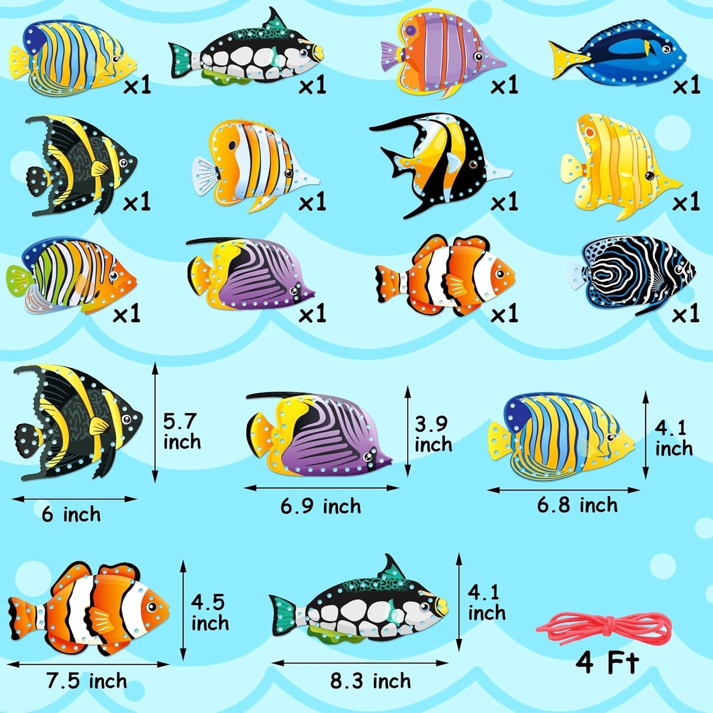 Tropical Fish Lacing Cards for Kids 12 Pack Ocean Fish Sea Animals Double Sided Cards Sewing Games Ocean Theme Party Decorations for Home Developing Imagination Education Supplies