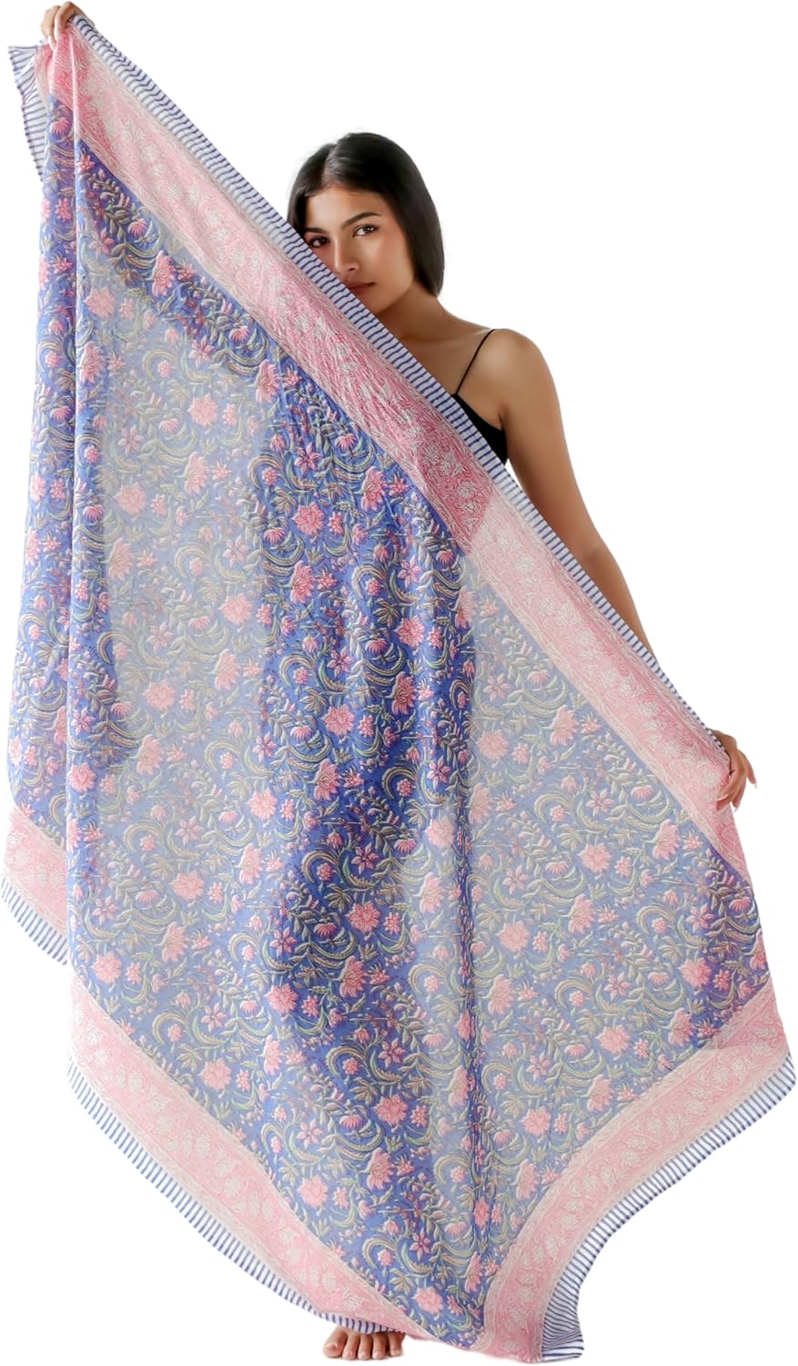 100% Cotton Sarong Cover Up for Women Indian Block Print Beach Wrap Skirt Long Boho Swimsuit Bikini Pareo (73” x 43”)