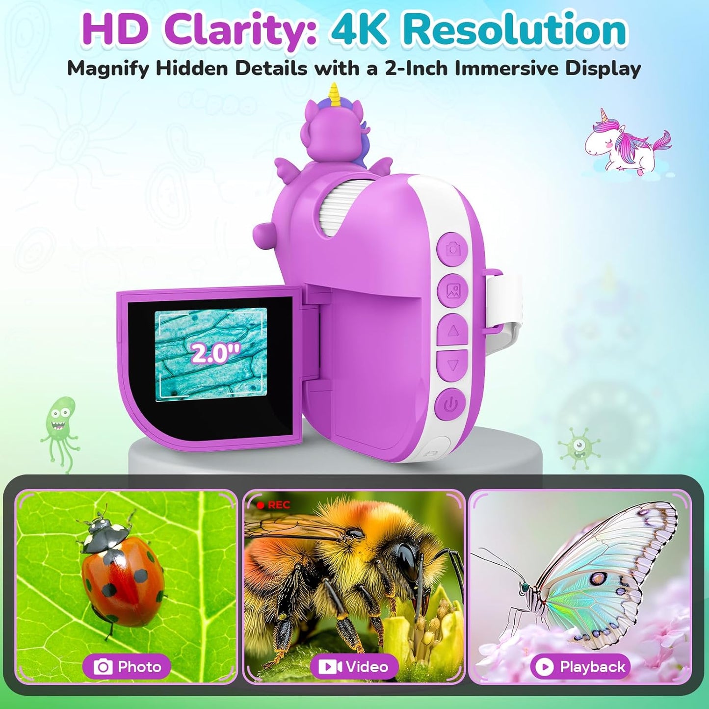 Digital Microscope for Kids Handheld Miniscope - 4K 2.0" Screen Rechargeable 1000X Mini Pocket Portable Magnifying Glass Edu Learning Science Toy Gift with Slides Kit 4-12 Children Students (Violet)