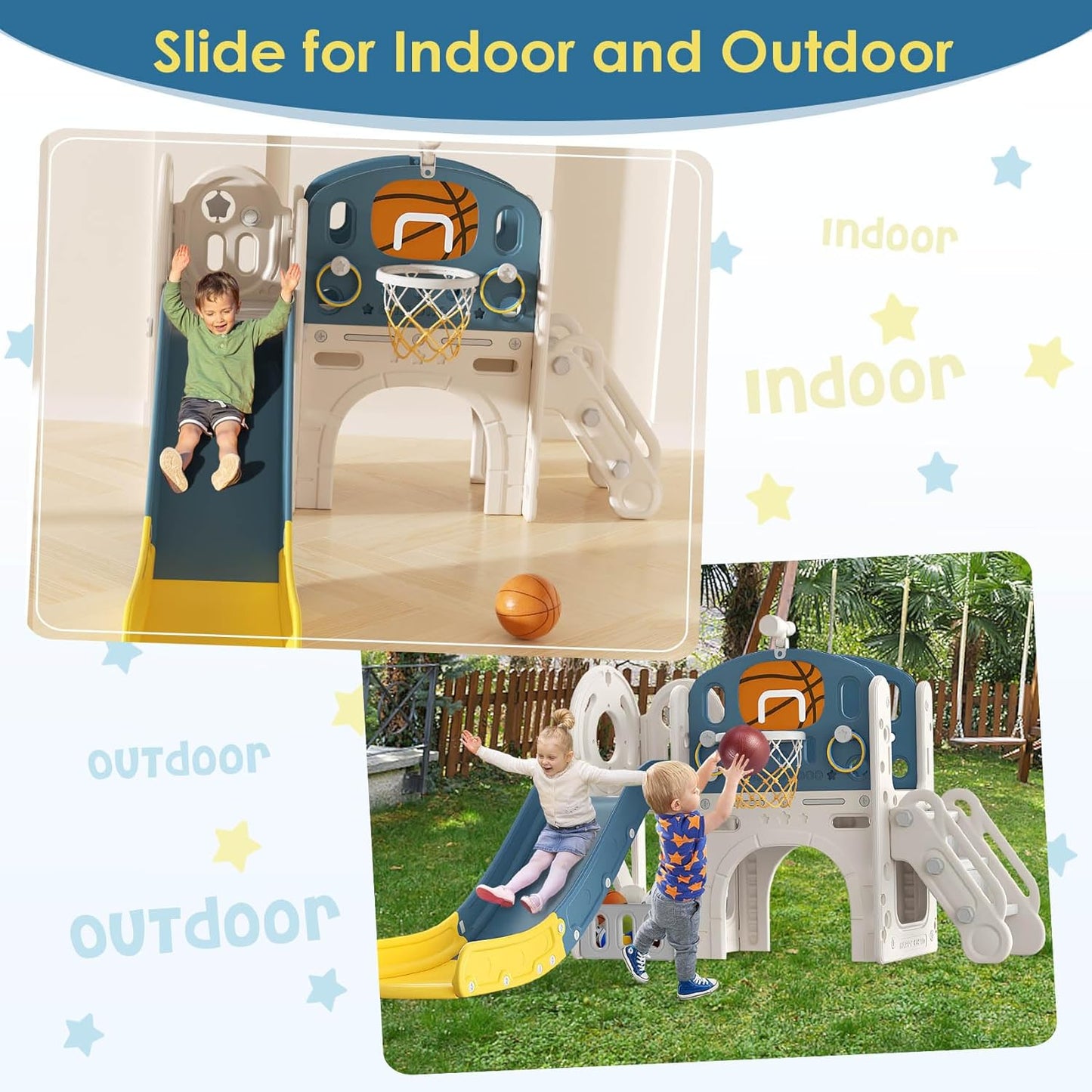 BIERUM 9 in 1 Toddler Slide, Kid Slide for Toddlers Age 1-3 with Ring Toss, Basketball Hoop, and Telescope, Indoor Outdoor Playset Playground Beige Gray