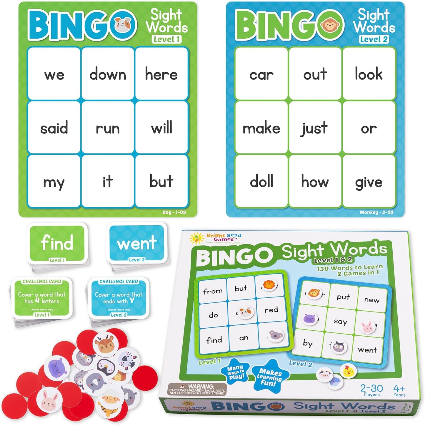 Bright Seed Sight Words Bingo Game for Kindergarten, Learn to Read Sight Word Cards, Word Games for Kids Ages 4-8, Bingo Sight Words Level 3&4, Laminated for Easy Clean