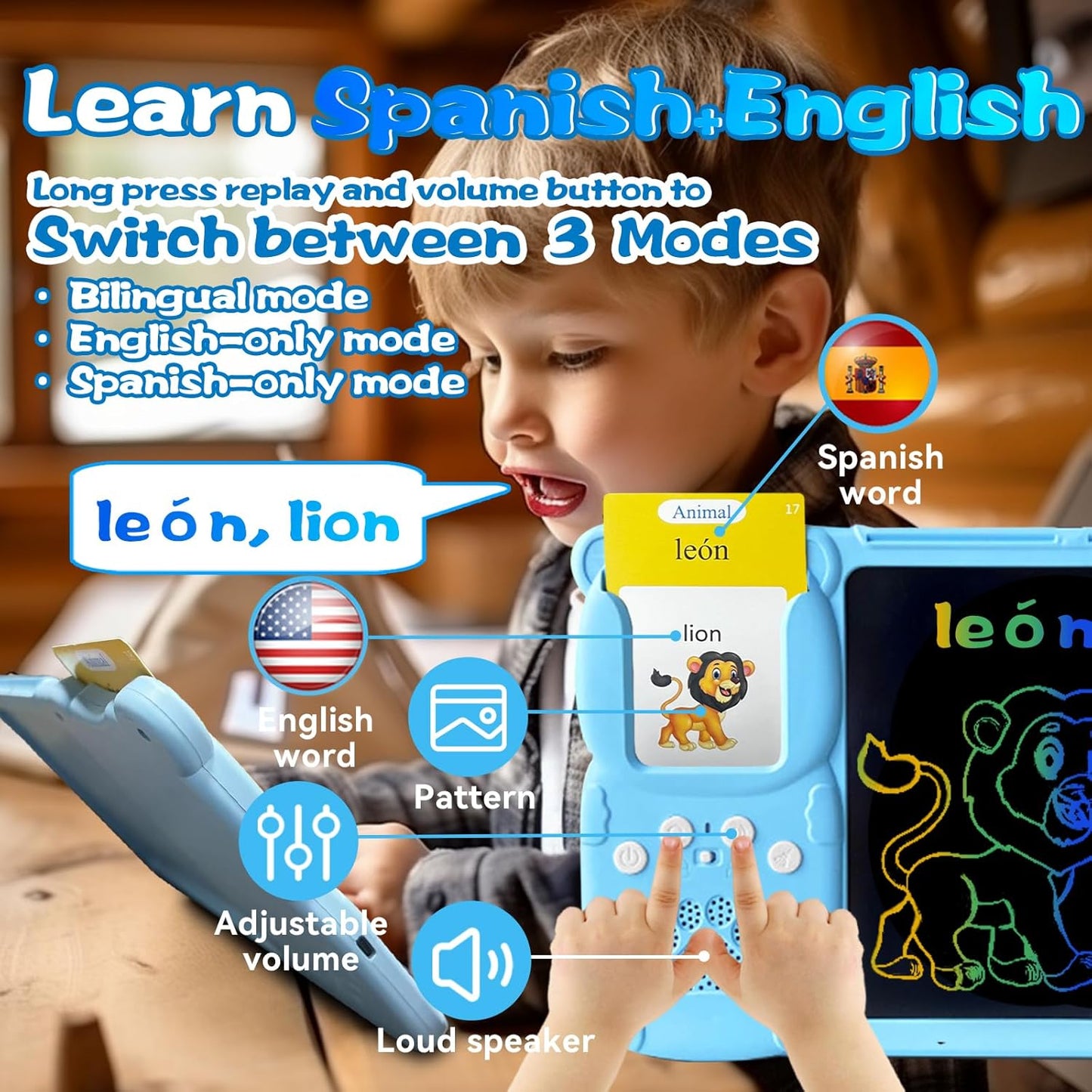 Talking English & Spanish Flash Cards - 8" LCD Writing Tablet for Kids 3-12, Bilingual 510 Sight Words, Toddler Pocket Speech, Drawing Sketch Pad, Autism Toys for Boys (Spanish, Blue)