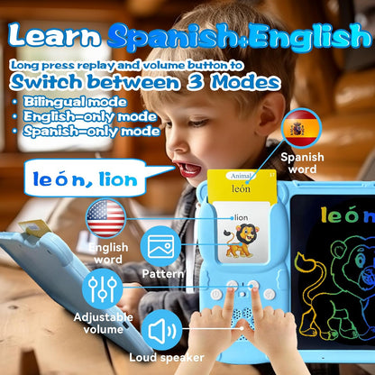 Talking English & Spanish Flash Cards - 8" LCD Writing Tablet for Kids 3-12, Bilingual 510 Sight Words, Toddler Pocket Speech, Drawing Sketch Pad, Autism Toys for Boys (Spanish, Blue)