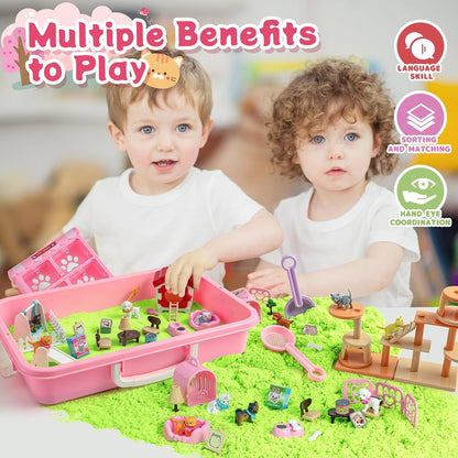 KNASON Rabbit and Hamster Sensory Bin,Play Sand Kit for Girls and Boys with 2.2lbs Sensory Sand and Box,Pet Sandbox Toys Role Pretend Play Beach Toy Birthday Present for Toddler Ages 3 4 5 6 7 8