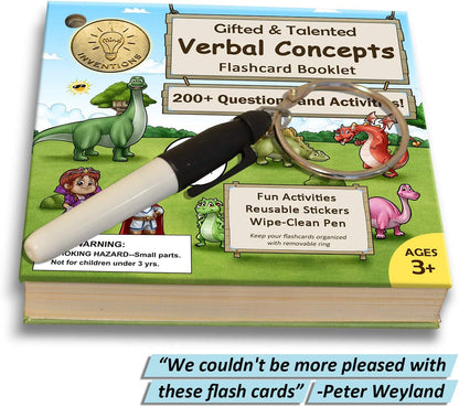 Gifted and Talented Flashcards (Wipe Clean) - Essential Verbal Concepts and Vocabulary; for Pre-K - Kindergarten; 90 flashcards with Over 200 Questions, Stickers, Fun Activities, Games, Pen Included