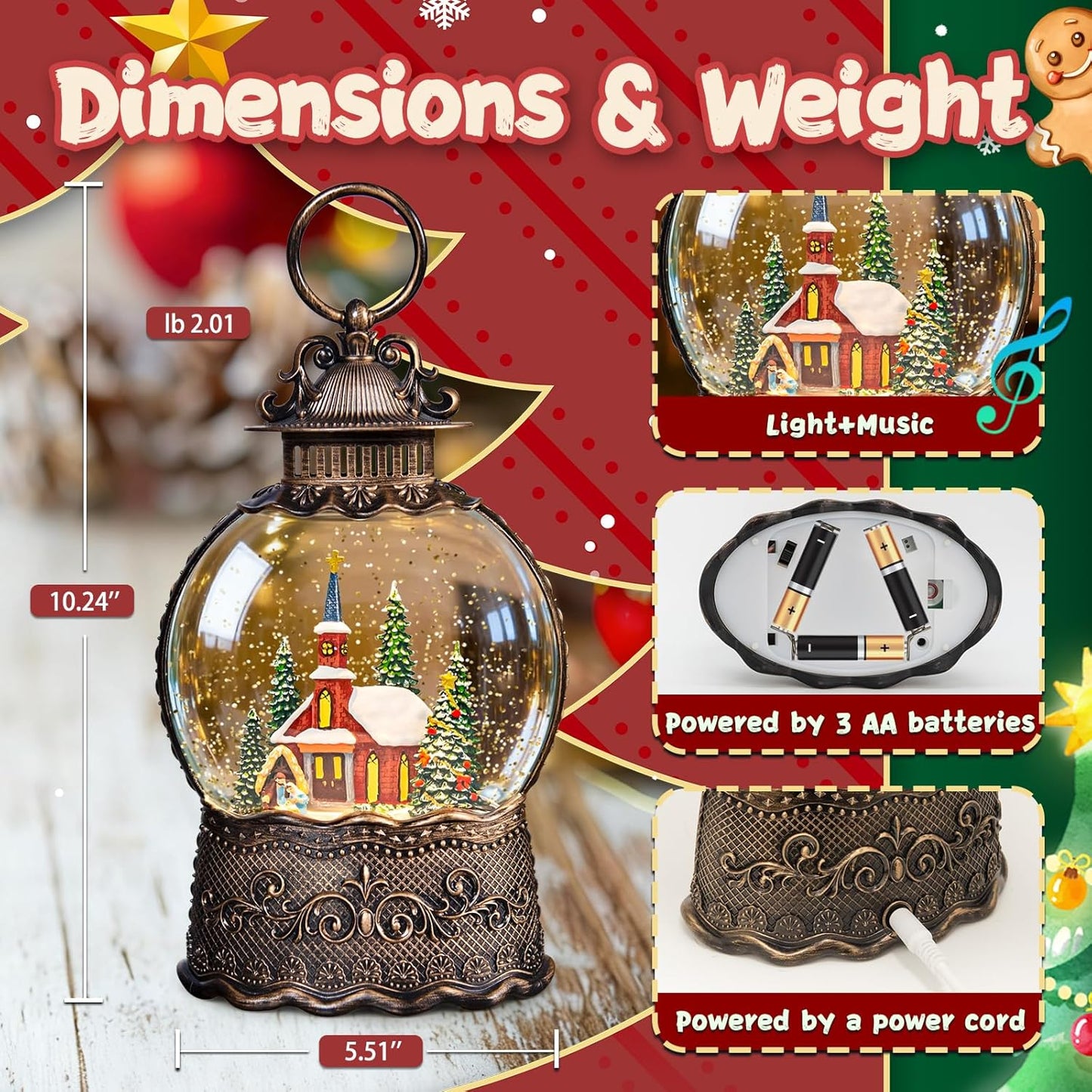 Christmas Snow Globes Lantern, Church and Christmas Tree Christmas Decorations Indoor, 6H Timer Battery & USB Powered Light Up Musical Snow Globes for Kids Women Adults Gift Thanksgiving Home Decor