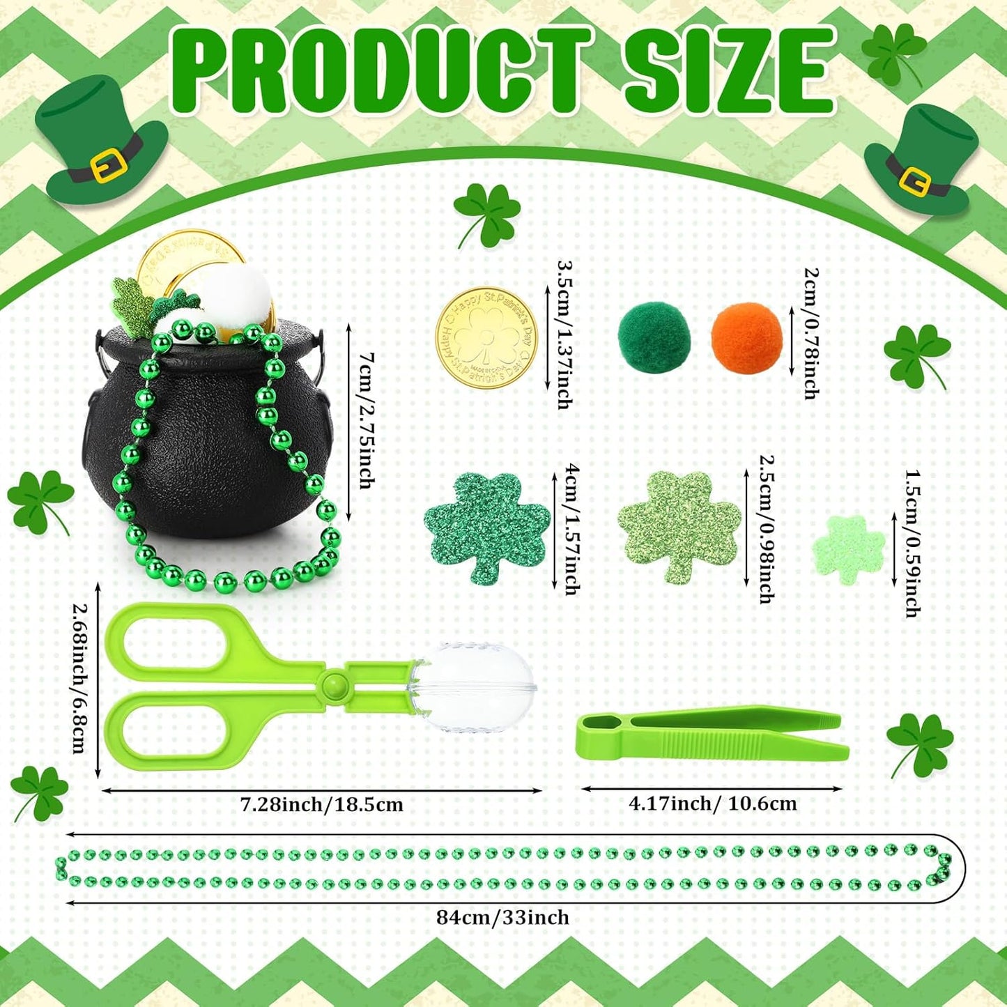 Foilswirl 436 Pcs St. Patrick Sensory Bin Filler Fine Motor Toys Include 4 Tweezers 2 Scissors Clips 200 Pom Poms 4 Cauldron Pot 60 Plastic Coins 6 Necklace 160 Shamrock Stickers for Sorting Counting