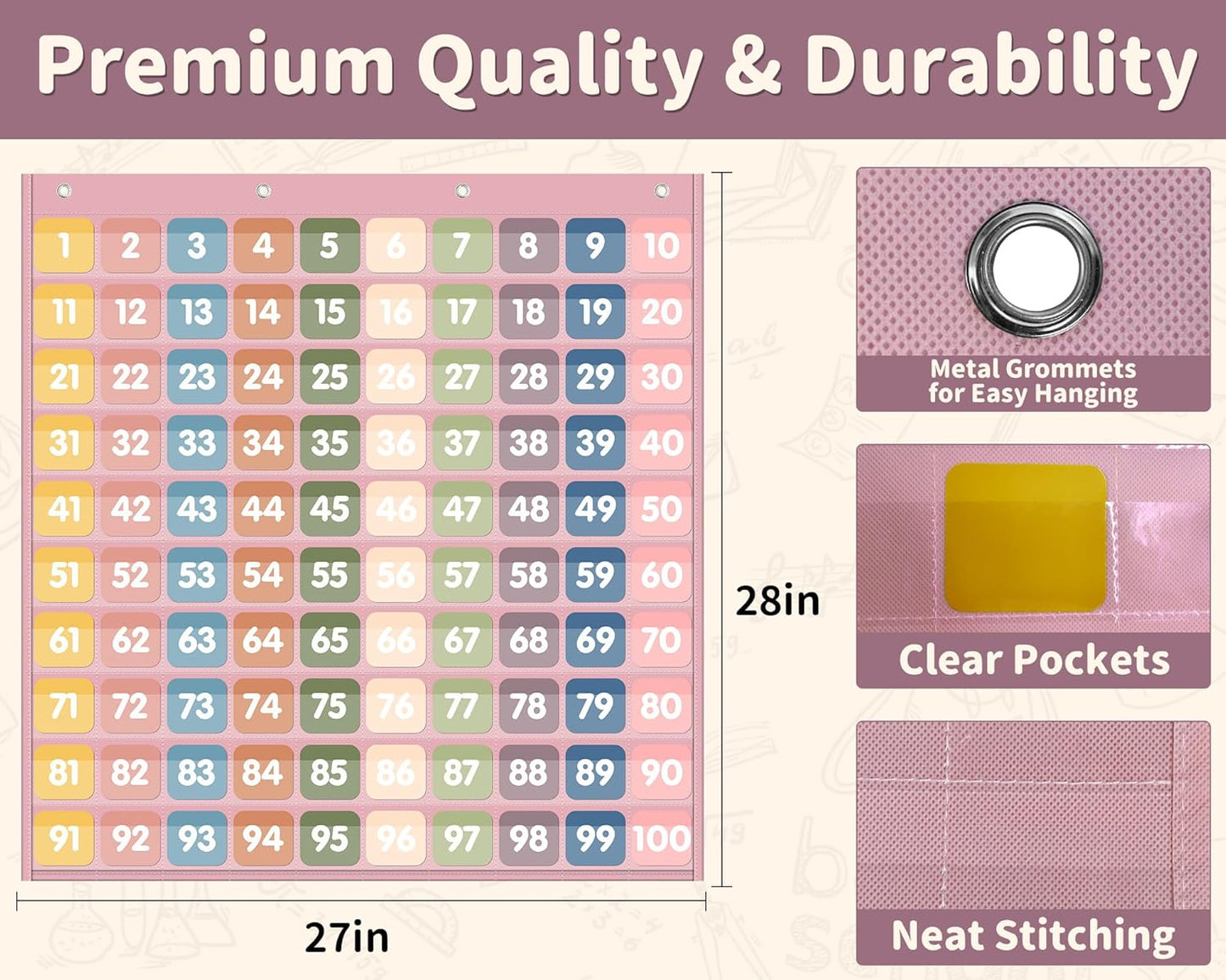 Yoink 100 Pockets Number Chart with 120 Double-Sided Number Cards, Boho Hundred Pocket Chart for Classroom Homeschool Teachers Kids Learning, Pink