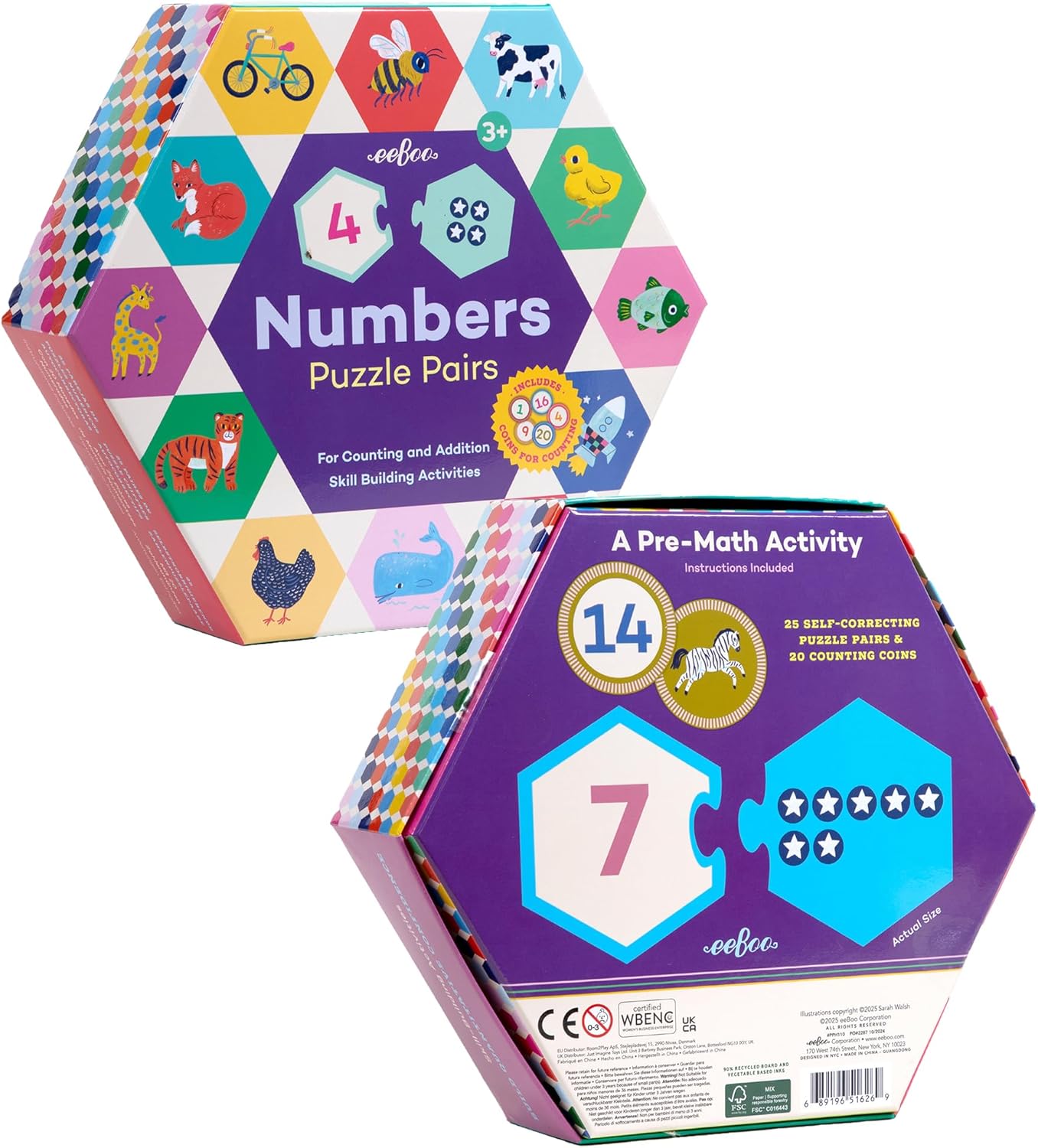 eeBoo Hexagon Puzzle Pairs - Rhyming Words, 33 Self-Correcting Pairs, Match Sounds to Images, Pre-Reading Activity for Preschool Kids Ages 3 and up