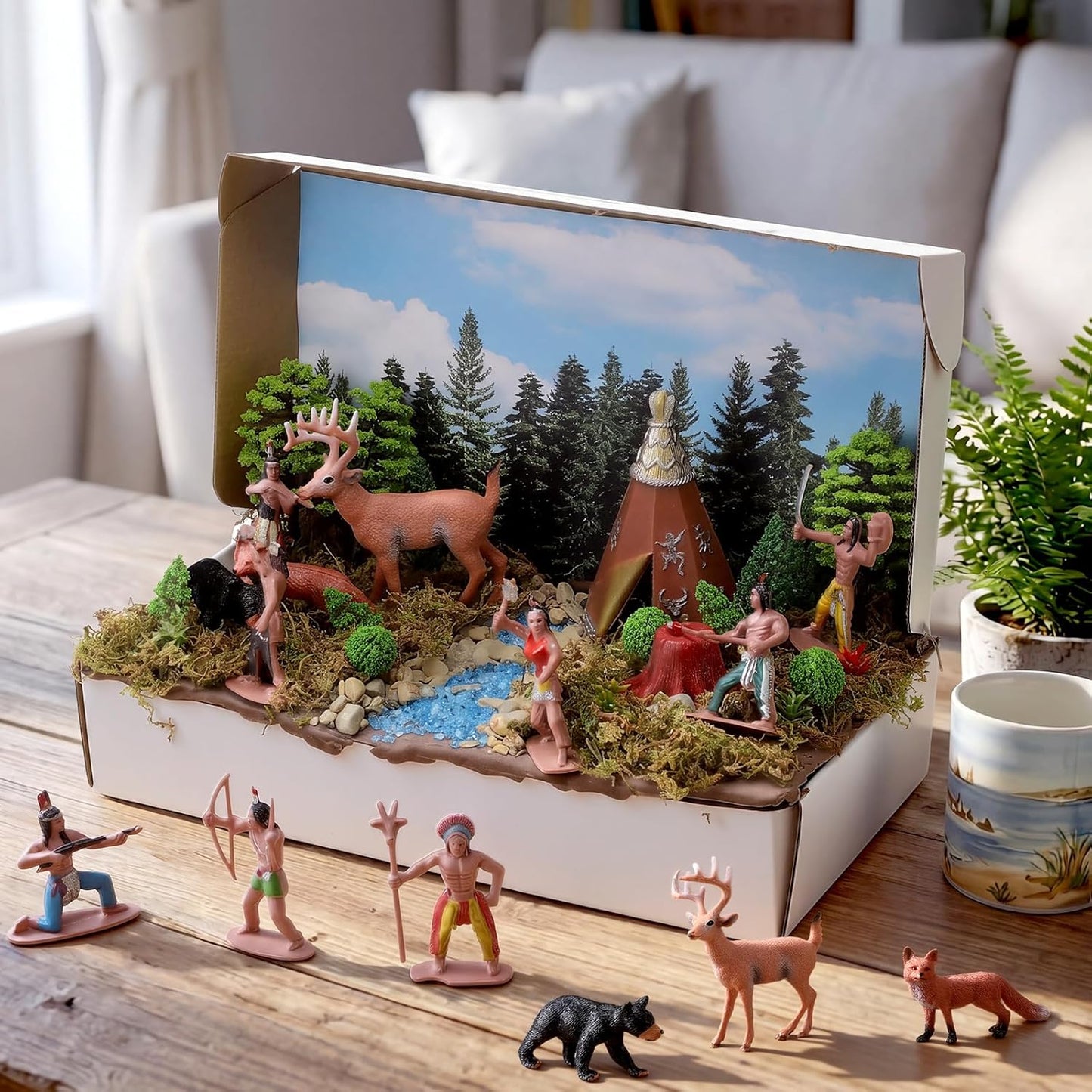 Teyva Daily 48 Pcs Dinosaur Diorama Kit Habitat Project Box Set 3D Dinosaurs Diorama Supplies Include Dinosaurs Model Figures & Eggs Volcano Artificial Trees with Cardboard for DIY Crafts Gifts