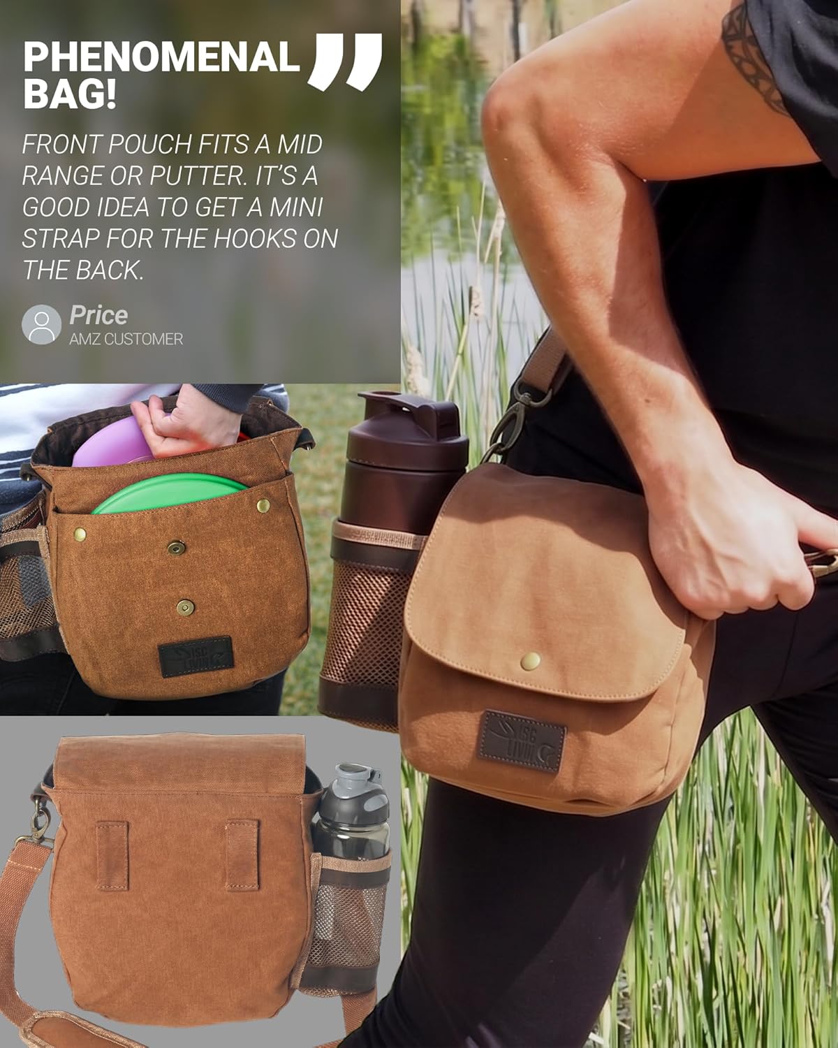 Disc Golf Bag | Frisbee Golf Bag | Easy to Carry | Lightweight Fits Up to 10 Discs | 16 oz Waxed Canvas Sturdy Design | Belt Loop | Double Button Design | Bottle Holder