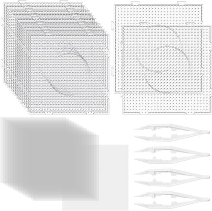 WinnerWhy 34 Pcs 5 mm Fuse Bead Pegboards Set 15 Plastic Bead Boards 15 Ironing Paper 4 Tweezers Large Clear Iron Pegboards Beading Supplies for DIY Projects Craft