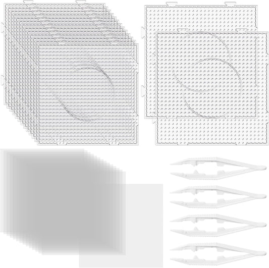 WinnerWhy 34 Pcs 5 mm Fuse Bead Pegboards Set 15 Plastic Bead Boards 15 Ironing Paper 4 Tweezers Large Clear Iron Pegboards Beading Supplies for DIY Projects Craft