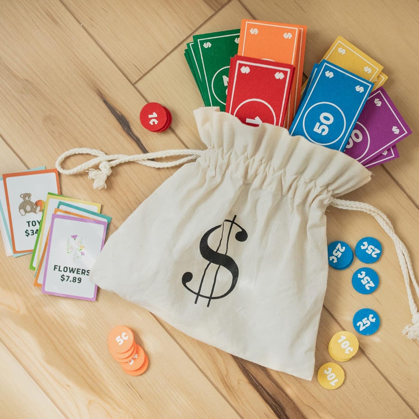 Good Ground Pretend Play Kids Felt Money Educational Montessori Toy Dollars Bills Coins Wallet Childrens Counting Set Toddlers STEM Gift Rainbow