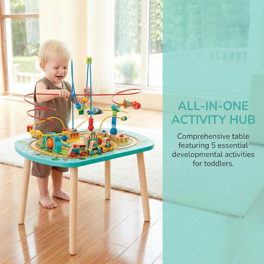 Hape Twisting Railway Maze Table - Wooden Bead Maze & Train Set for Toddlers - Amusement Park Theme with Rollercoaster, UFO & Numbered Stops - Fine Motor Skills Toy for Ages 18M+