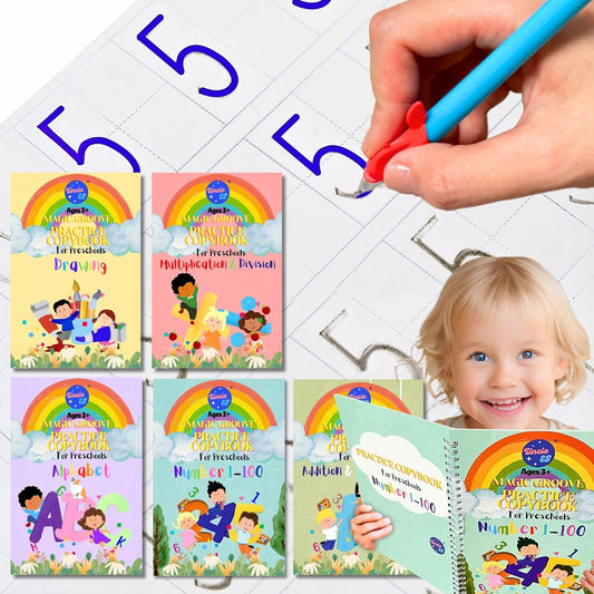 Large Magic Handwriting Practice Workbooks, Reusable Grooved Handwriting Practice for Kids 3-8, Toddler Writing Practice, Math Calligraphy, Letter Tracing, for Kindergarten Preschool, The Fun Kit