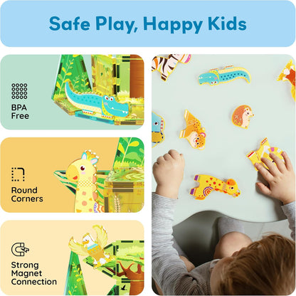 PicassoTiles Magnetic Tile Building Blocks Add On 8 Magnetized Action Figures Construction Vehicles & Zoo Animal Theme Compatible with Magnet Tiles Sets STEM Learning Toy for Boys & Girls Age 3+ PTA21